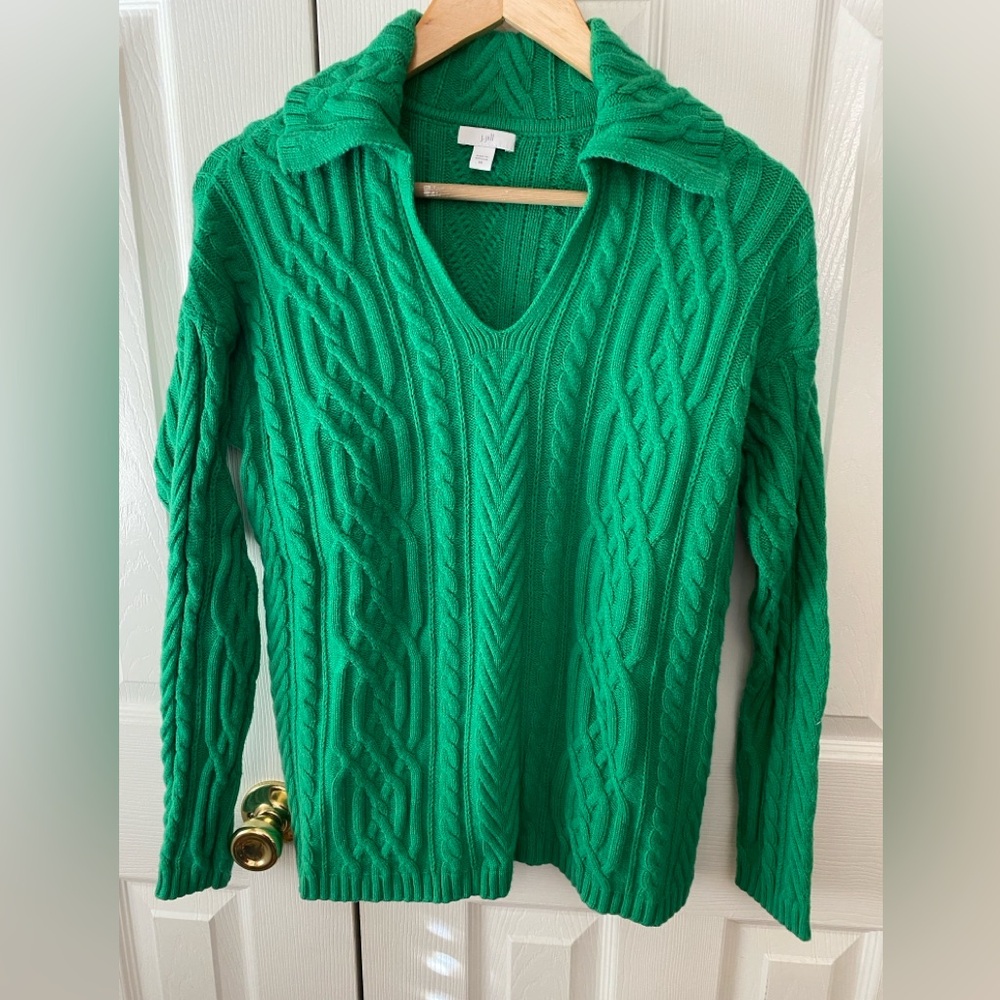 j. jill Meadow Green Cotton Blend Oversized Collared‎ Cable Knit Sweater XS